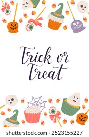 Halloween Poster mit handgezeichneten Süßigkeiten und Bonbons und Kalligrafie Text Trick or Treat. Bizarres Design von Cupcakes und Bonbons für Halloween auf weißem Hintergrund. Vorlage für Hintergrund, Banner, Karte