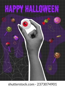 Halloween poster with hand with eye and lollipop.Hand in halftone collage. Y2k style. Vector illustration.