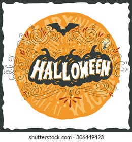 Halloween poster with hand lettering, silhouette of three pumpkins, bat, skull, stars and ornaments on full moon in back. 