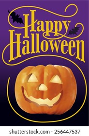 Halloween poster with hand made text and realistic pumpkin.  Vector Illustration