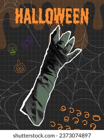 Halloween poster with hand mummy. Spider web. Hand in halftone collage. Vector illustration.