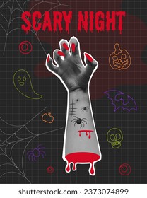Halloween poster with hand, spider, web, ghost. Y2k style. Hand in halftone collage. Vector illustration. Scary night.