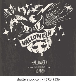 Halloween Poster with Hand-drawn Header Illustration. Collage of Sign on Ribbon, Bats, Monster Eyes, Spiderweb and Halloween Pumpkin