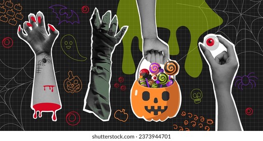 Halloween poster with hands in halftone. Spider web, pumpkins, ghost. Vector illustration.