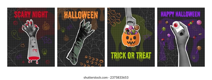 Halloween poster with hands in halftone. Spider web, pumpkins, ghost. Vector illustration