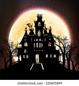 Halloween poster - a haunted castle on the moon background