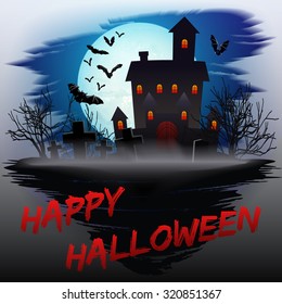  Halloween poster with haunted house, bats and full moon. Vector illustration.