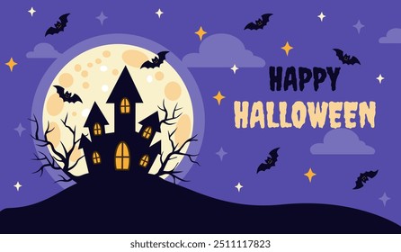 Halloween Poster with Haunted House, Full Moon, and Flying Bats