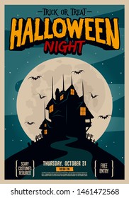 halloween poster haunted house with moon background