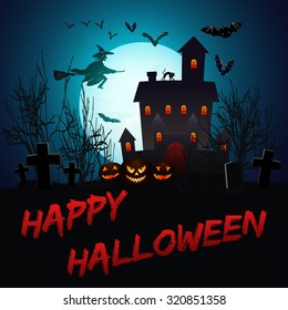 Halloween poster with haunted house, old graveyard, flying bats, witch and full moon. Vector illustration.