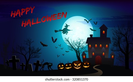  Halloween poster with haunted house, old graveyard, flying bats, witch and full moon. Vector illustration.