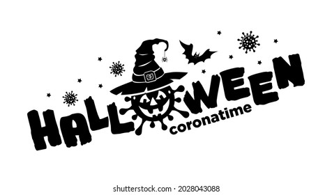 Halloween poster with horror elements: pumkin, coronavirus, bat, witch hat. Illustration, vector on transparent background