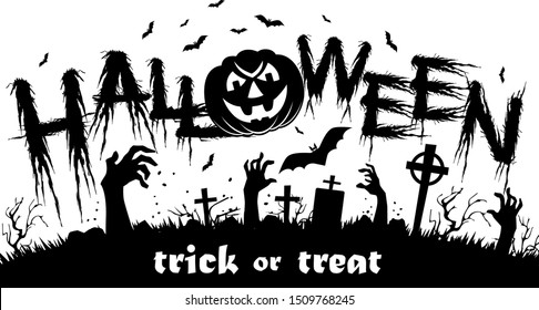 Halloween poster with horror elements: zombie hands, pumpkin, bat. Illustration, vector