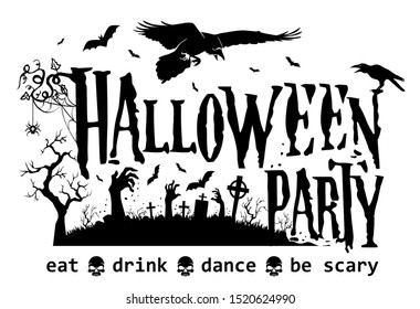 Halloween poster with horror elements: zombie hands, black raven, spider, bat. Illustration, vector