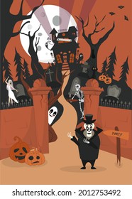 A Halloween poster with a house on a hill next to a cemetery. An invitation to a party. Ghosts, carved pumpkins, a waiter's skeleton, bats. Ancient architecture and tombstones. Happy Halloween.