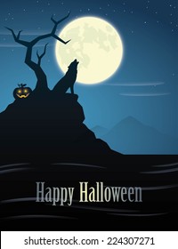 Halloween Poster With Howling Wolf - Vector Illustration