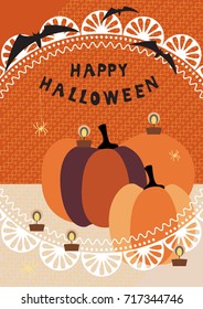Halloween poster with huge pumpkins, spiders, bats, candles, text and other decorative elements