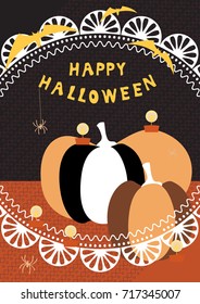 Halloween poster with huge pumpkins, spiders, bats, candles, text and other decorative elements