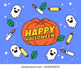 Halloween poster illustration featuring a large orange pumpkin with the text "Happy Halloween" surrounded by cute white ghosts, candles, candies, and leaves on a blue background