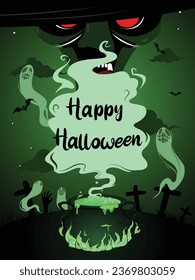 Ein Halloween-Poster mit Hexenhut und Kessel. Ideal für Halloween-Designs, Einladungen und Dekorationen.