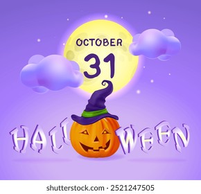 Halloween poster illustration with jack o lanterns and big moon with clouds. Halloween background for trick or treating and celebrating October 31st.