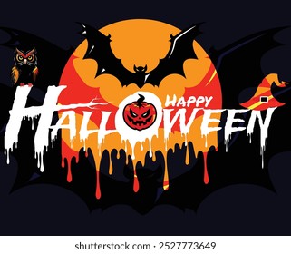 Cartaz de Halloween, imagem, arte, criador, tela de camiseta, logotipo ou símbolo de Halloween em um fundo preto.