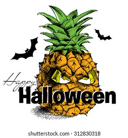Halloween poster with image of a spooky pineapple with eyes and bats. Vector illustration.