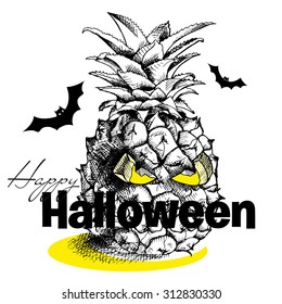 Halloween poster with image of a spooky pineapple with eyes and bats. Vector illustration.