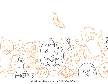 Halloween poster, invitation or banner.  set of illustrations with pumpkins, ghosts, bats, spider web, spider, on a white background.