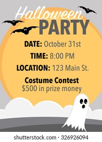 Halloween poster invitation with ghost, bats, and moon