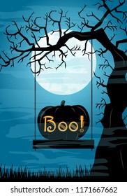 Halloween poster. Invitation for party. Mix of Various Spooky Creatures, Moon. Halloween night vector illustration. Halloween background with scary graveyard. Halloween background