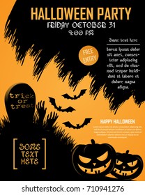 Halloween poster. Invitation for party. Mix of Various Spooky Creatures, Moon. Halloween night vector illustration. Halloween background with scary graveyard. Halloween background