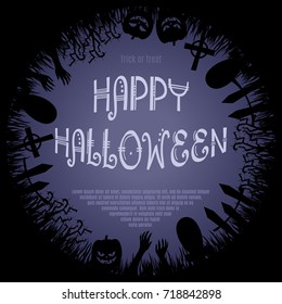 Halloween poster. Invitation for party. Mix of Various Spooky Creatures, Moon. Halloween night vector illustration. Halloween background with scary graveyard. Halloween background