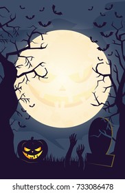 Halloween poster. Invitation for party. Mix of Various Spooky Creatures, Moon. Halloween night vector illustration. Halloween background with scary graveyard. Halloween background