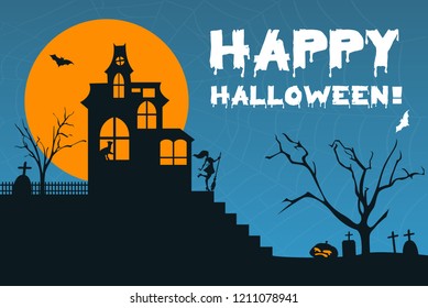 Halloween poster. Invitation for party.  Night vector illustration with a house, scary graveyard and witch. Creepy background
