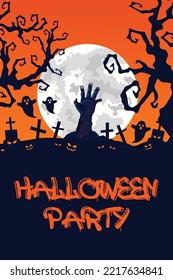 Halloween poster invitation with zombie hand corpse from ground at the middle night with full moon. Halloween poster and flyer design can use for flyer brochure banner on social media or print media