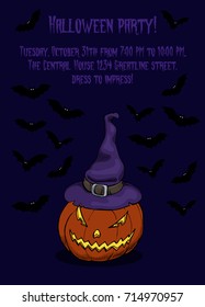 Halloween poster with Jack Lantern. Vertical print with carved pumpkin for halloween design. Vector