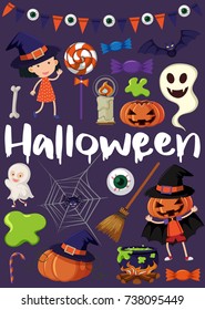 Halloween poster with kids in costumes illustration