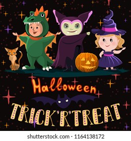 Halloween poster with kids in costumes of witch, dragon and vampire. Trick-or-treat atributes, pumpkin and cat.