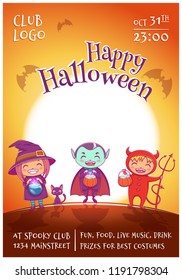 Halloween poster with kids in costumes of witch, vampire and devil for Happy Halloween party. On jrange background with full moon.