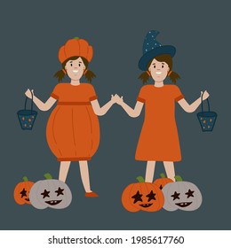 A Halloween poster with kids. Postcard for the autumn holiday of horror stories. People in a pumpkin and witch costume vector illustration. Vector illustration