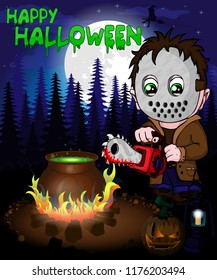 Halloween poster with  killer with mask in forest. Vector illustration.