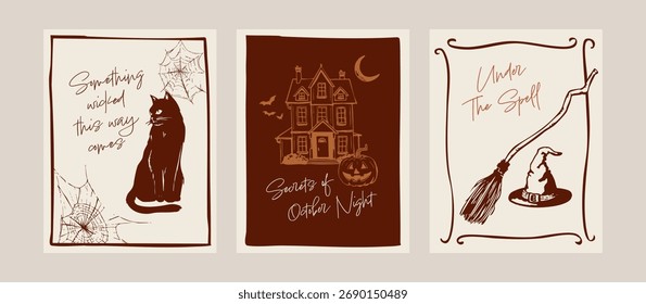 Conjunto de layout de cartaz de Halloween com ilustrações desenhadas à mão. Gato preto, casa assombrada, vassoura de bruxa e abóbora. Design assustador, vintage, noite de outubro.