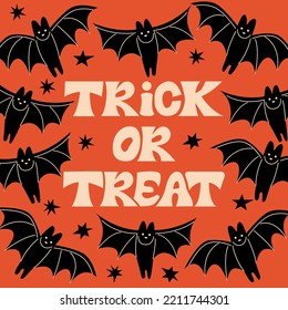 Halloween poster with lettering quote trick or treat and bats. Vector flat illustration on isolated background. 