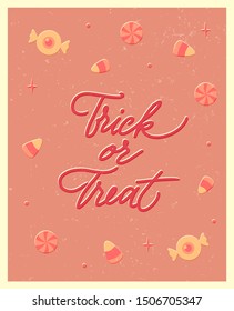 Halloween poster with lettering in vintage style. Trick or treat. Flat vector illustration.