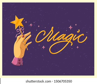 Halloween poster with lettering in vintage style. Hand with a magic wand. Flat vector illustration.