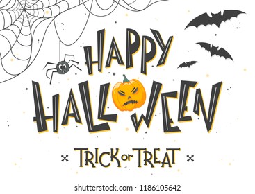 Halloween poster with lettering,angry pumpkin,bats and spider.Halloween design perfect for prints,flyers,banners invitations,greeting scrapbooking and more.Vector Halloween illustration.