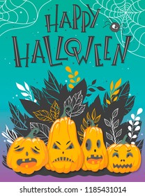 Halloween poster with lettering,angry pumpkins and leaves.Halloween design perfect for prints,flyers,banners invitations,greeting scrapbooking,congratulations and more.Vector Halloween illustration.