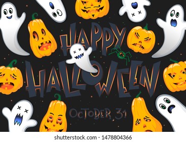 Halloween poster with lettering,angry pumpkins,ghosts and spider.Halloween design perfect for prints,flyers,banners invitations,greeting scrapbooking,social media.Vector Halloween illustration.