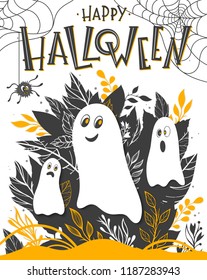 Halloween poster with lettering,cute ghosts and leaves.Halloween design perfect for prints,flyers,banners invitations,greeting scrapbooking,congratulations and more.Vector Halloween illustration.